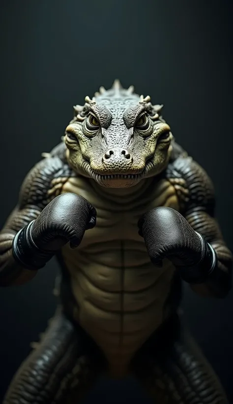 Cinematic front view portrait of a boxing crocodile, portrait captioned with the text "BAJOL IJO", dark background