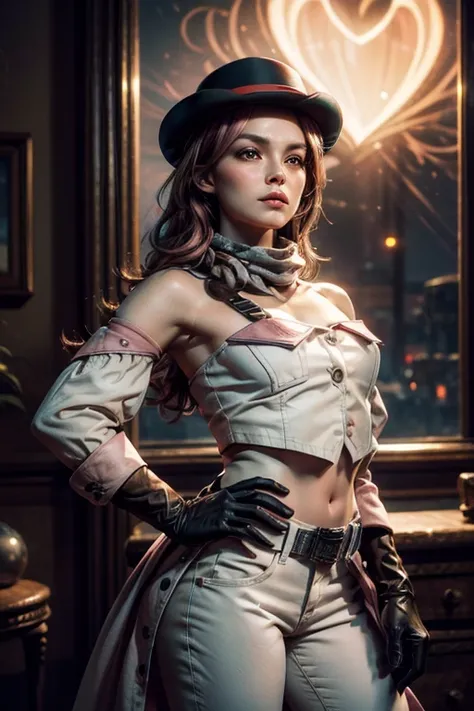 pink and brown hair, multicolored hair, neopolitanatlas, bowler hat, grey scarf, white gloves, white shirt, off-shoulder shirt, black sleeves, midriff, white belt, white pants, night, stars, standing on yacht, river, small crowd, cowboy shot, masterpiece, ...