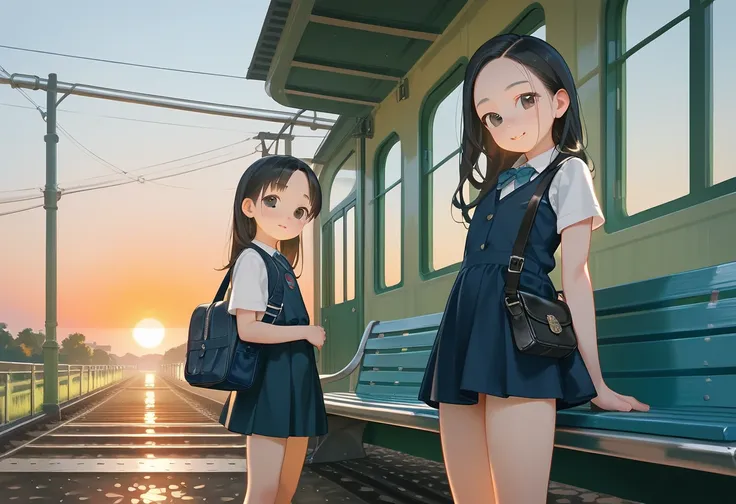 masterpiece,best quality,ultra-detailed,super detailed skin,perfect anatomy,detailed,beautiful detailed eyes,long hair,forehead,straight hair,black hair,black eyes,loli,petite,flat chest,
Quiet train station platform, schoolbag on a bench, warm sunset ligh...