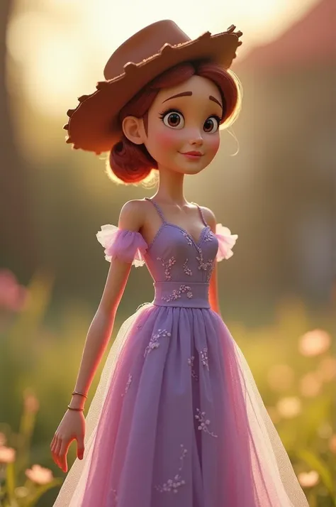 Make an image of Woody from Toy Story wearing a lilac dress