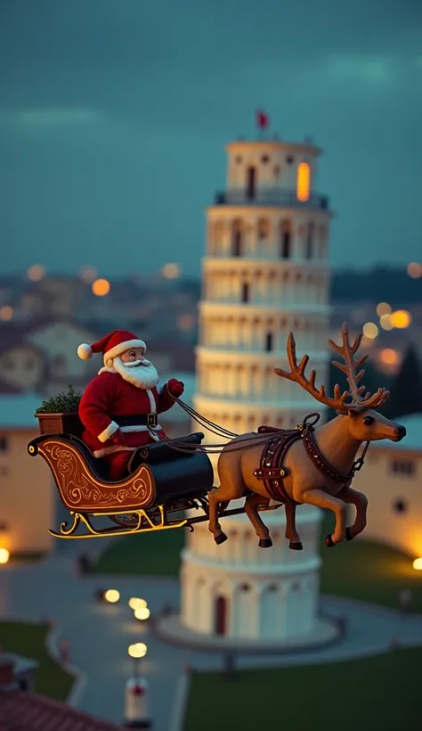 the smallest Santa Claus sleigh with his reindeer ever flying at night past the small Leaning Tower of Pisa in Italy, tilt shift, analog photo, faded, low contrast