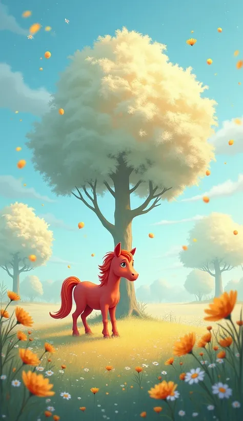  imaginary　light blue meadow　Gold Tree 　White leaves　Golden Flowers　Gold decoration　 cute　Red pony