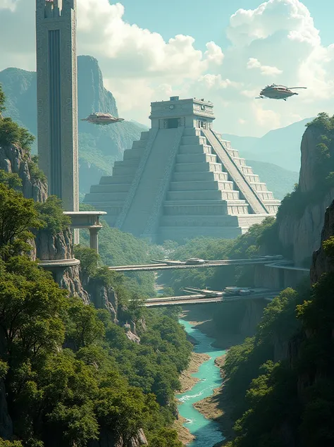 montre moi la civilisation maya si elle avait survecu jusquà aujourdhui. vue lointaine dune vallée. ville technologique dinspiration pre-colombienne. scifi