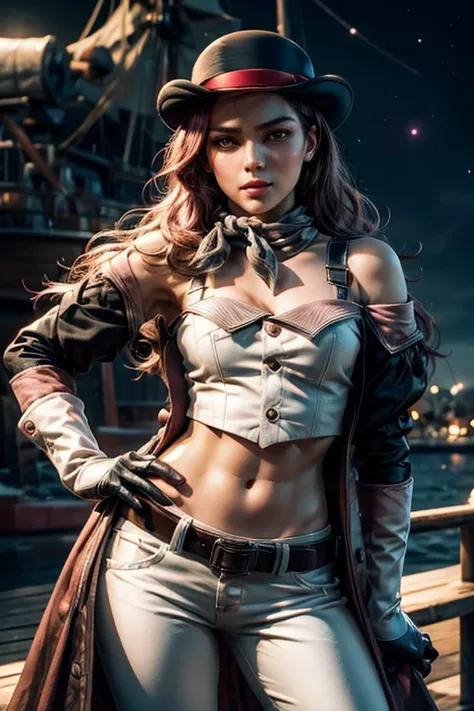 pink and brown hair, multicolored hair, neopolitanatlas, bowler hat, grey scarf, white gloves, white shirt, off-shoulder shirt, black sleeves, midriff, white belt, white pants, night, stars, standing on deck of ship, sea, small crowd, cowboy shot, masterpi...