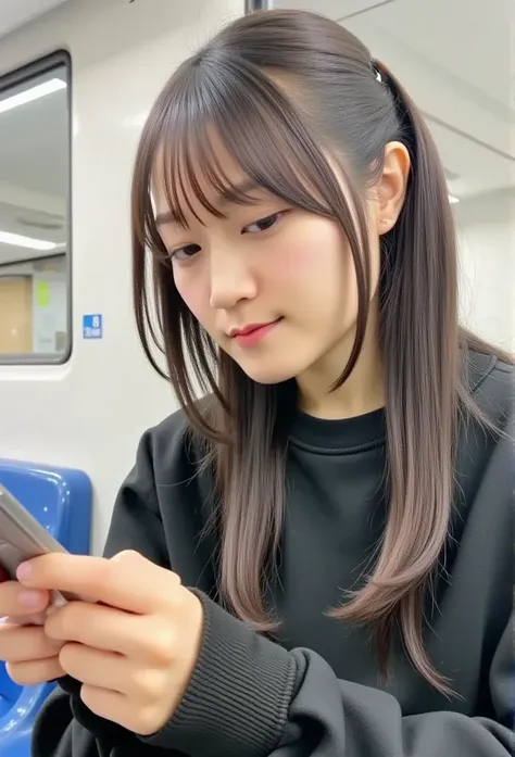 電車で一人座っている日本の女子大学生が、足を組みながらスマートフォンを見ている, 1人の女の子, ソロ, 高解像度, 視線を向ける, 傑作, 解剖学的に正しい, 最高品質, 高いディテール, 高品質, 質感のある肌, 超高精細, 

