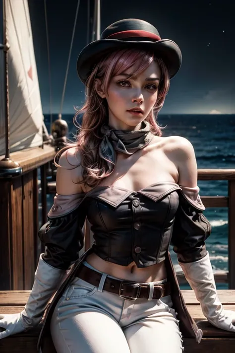 pink and brown hair, multicolored hair, neopolitanatlas, bowler hat, grey scarf, white gloves, white shirt, off-shoulder shirt, black sleeves, midriff, white belt, white pants, night, stars, sitting on deck of ship, sea, small crowd, cowboy shot, masterpie...