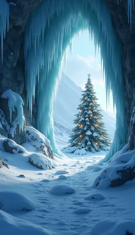 winter atmosphere in the background. ice cave entrance. Christmas tree on the other side