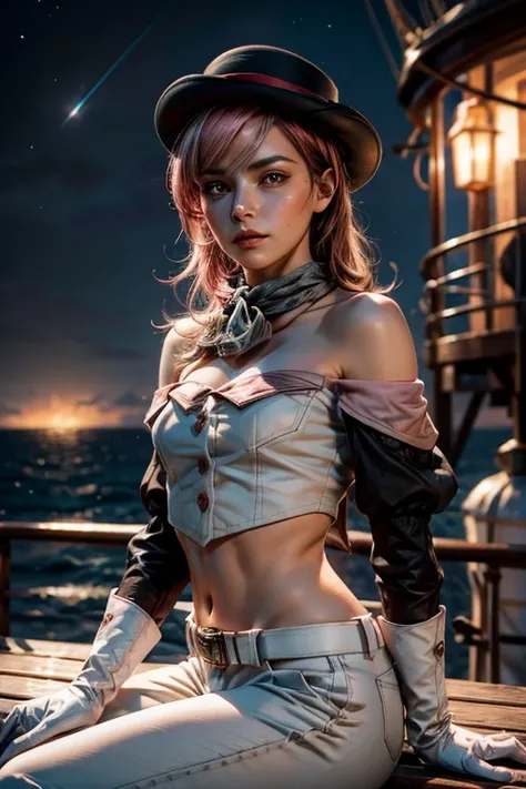 pink and brown hair, multicolored hair, neopolitanatlas, bowler hat, grey scarf, white gloves, white shirt, off-shoulder shirt, black sleeves, midriff, white belt, white pants, night, stars, sitting on deck of ship, sea, small crowd, cowboy shot, masterpie...