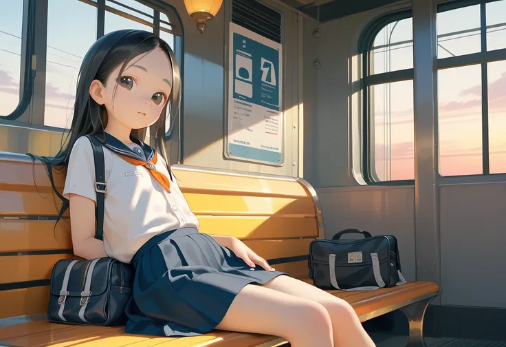 1girl,masterpiece,best quality,ultra-detailed,super detailed skin,perfect anatomy,detailed,beautiful detailed eyes,long hair,forehead,straight hair,black hair,black eyes,loli,petite,flat chest,
Quiet train station platform, schoolbag on a bench, warm sunse...