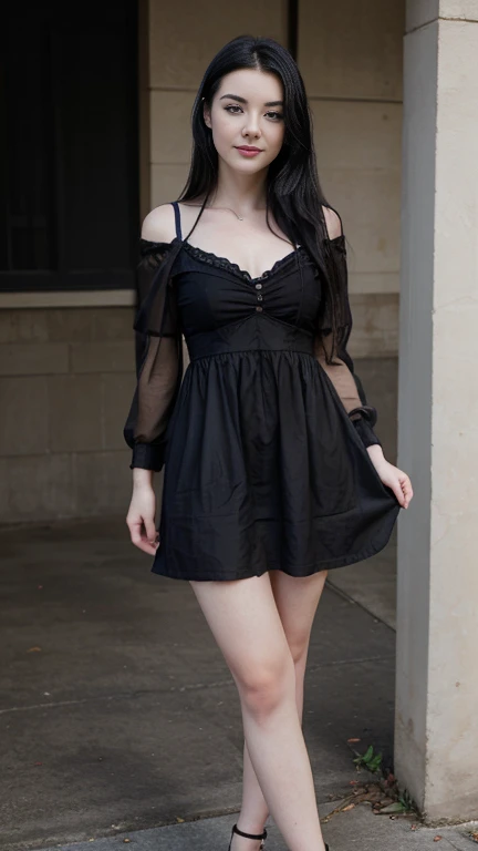 22 year old girl, face similar to Amy Lees, blue eyes, smile,  black hair ,  full body , short dress ,  hyperrealistic.