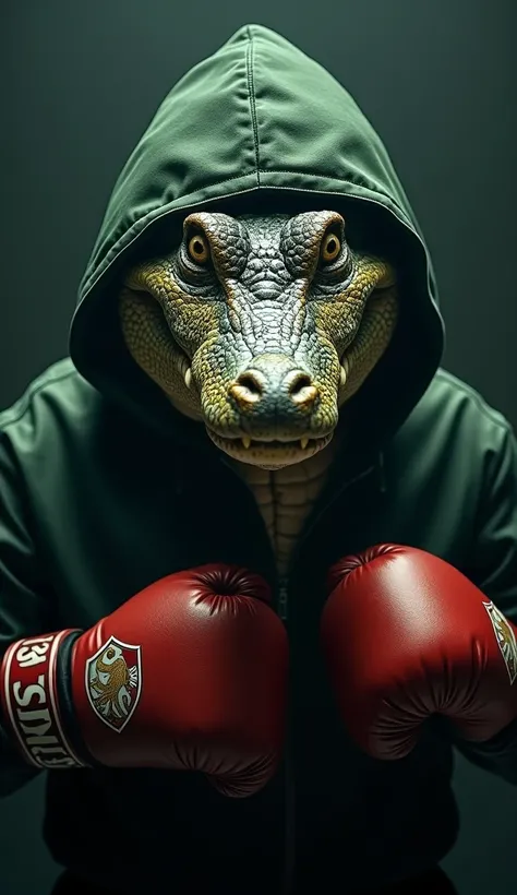 Cinematic portrait of a boxing match with the text title "BAJOL IJO" with a photo of a half body front view of a boxing crocodile with a scary ferocious expression in a green hooded jacket, dark background