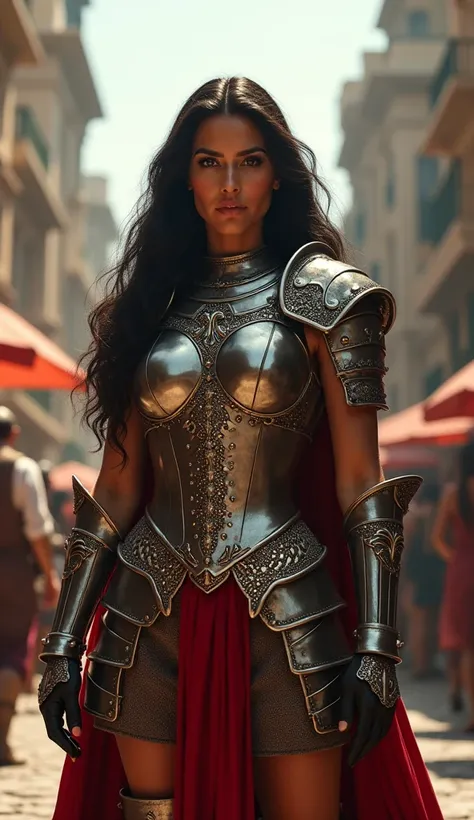 a beautiful Spanish woman wearing warrior armor in the middle of the city