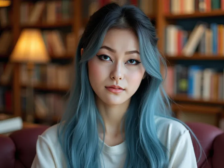 A close-up portrait of a young Asian woman with fair skin and long, straight blue hair, sitting in a cozy library or bookstore. Her almond-shaped eyes are accentuated with black eyeliner, and her lips are full, slightly glossy with nude lipstick. Her eyebr...