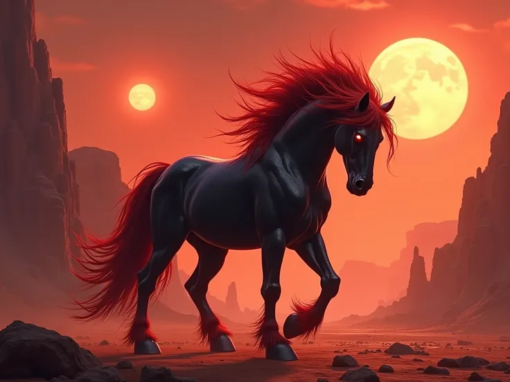 a very muscular horse, shiny black, a red mane, tail and eyes, it is facing forward, its head down in a reddish desert, there are two suns in the sky, there are cliffs all around