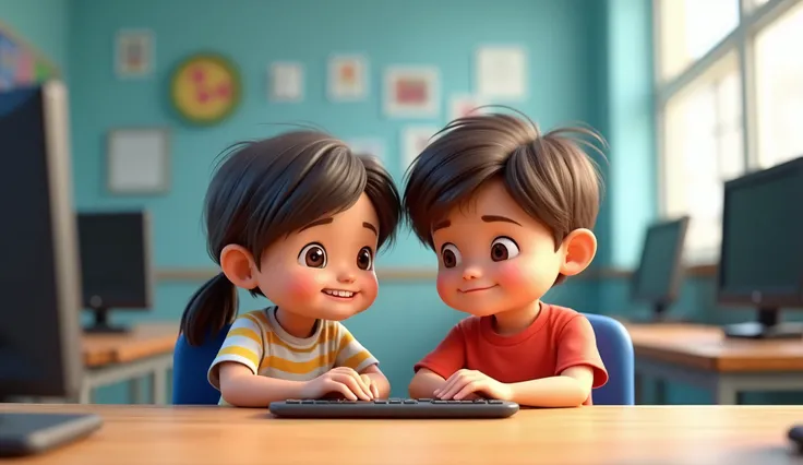 Two elementary school students sitting at a computer in an IT room, 3d chibi animation style