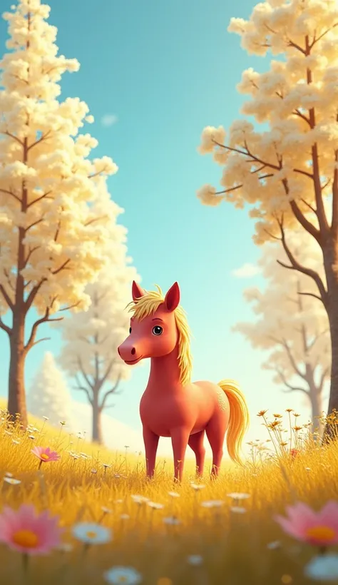  imaginary　light blue meadow　Gold Tree 　White leaves　Golden Flowers　Gold decoration　cute red horse