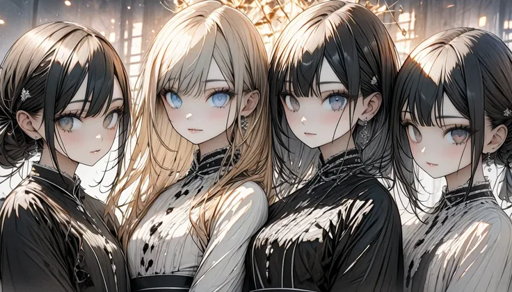 Three teenage girl characters. There are three girls. The first girl has short bob hairstyle, golden hair and sparkling blue eyes. The second girl has medium length straight black hair and black eyes. The third girl has grey hair, sparkling red eyes, long ...