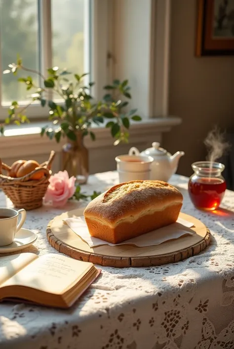 (((Masterpiece))), Create a serene and elegant scene that reflects the timeless joy of baking. A classic kitchen setting features a beautifully set table with a lace tablecloth and a freshly baked loaf of bread resting on a wooden cutting board. Beside it,...