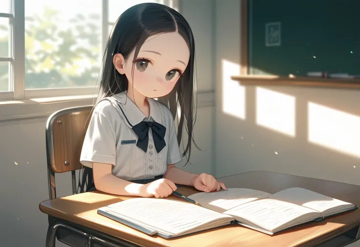 1girl,masterpiece,best quality,ultra-detailed,super detailed skin,perfect anatomy,detailed,beautiful detailed eyes,long hair,forehead,straight hair,black hair,black eyes,loli,petite,flat chest,
Empty classroom, open notebook on a desk, sunlight streaming t...