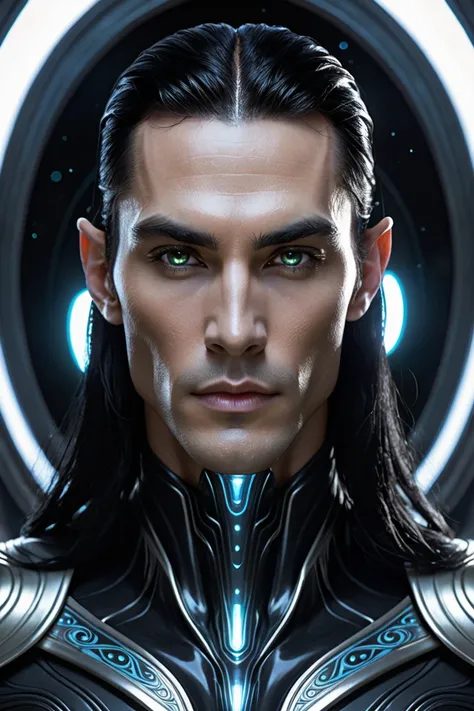 
"An incredibly handsome alien humanoid male of the Koryntho species, with ethereal, god-like beauty, standing at 2.3 meters tall with a lean yet muscular build. His skin is smooth, dark gray, almost black, with a soft, subtle glow emanating beneath it, em...