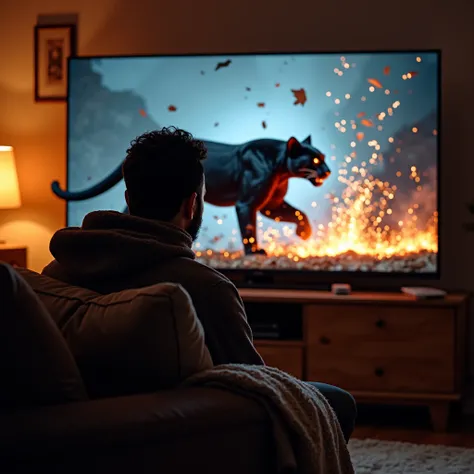 A man sits in a comfortable living room, amazed to see a black panther walk through the tearing screen and burst out of the television screen sending shards of glass flying, creating a dramatic scene of action and excitement which captivates him. 