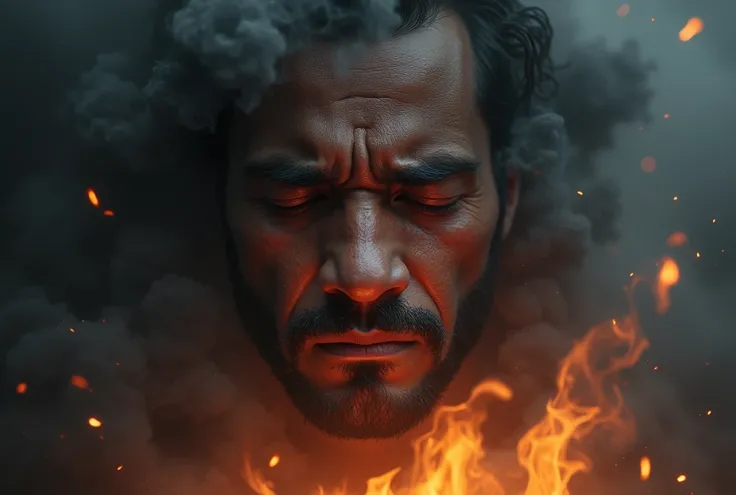 "Create an image of a mans face, in deep sorrow or distress, partially visible, surrounded by swirling smoke and flames. His expression should be one of intense emotion, with tears streaming down his face, eyes closed as if in prayer or overwhelmed with gr...