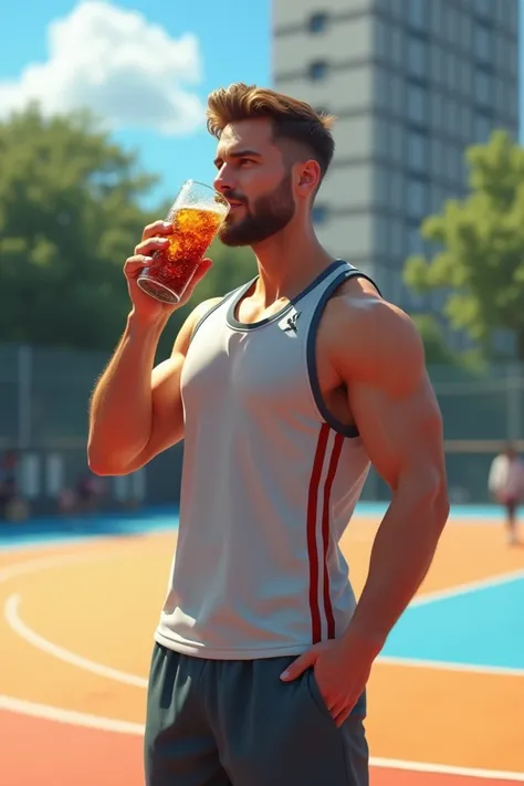 Man drinking soda on basketball court 