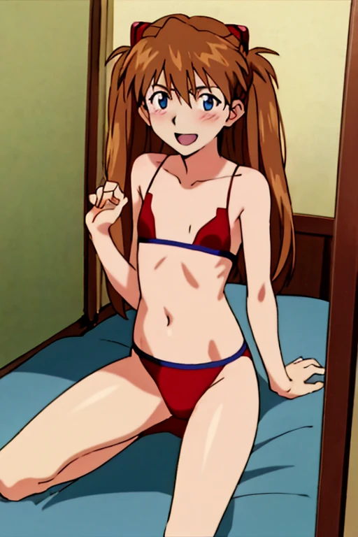 (( best quality)), ((masterpiece)), (be familiar with),  perfect face, indoor, bedroom,  viewer,
One woman,  Soryu Asuka Langley ,
 open mouth,  ecstatic expression with hands in front of body, blush, smile,
 small tits,  flat chested, Young girl, Lori,  s...