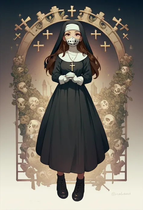 1girl, solo, long hair, looking at viewer, brown hair, long sleeves, dress, jewelry, standing, full body, white gloves, necklace, twitter username, black footwear, black dress, mask, cross, skull, mouth mask, nun, cross necklace