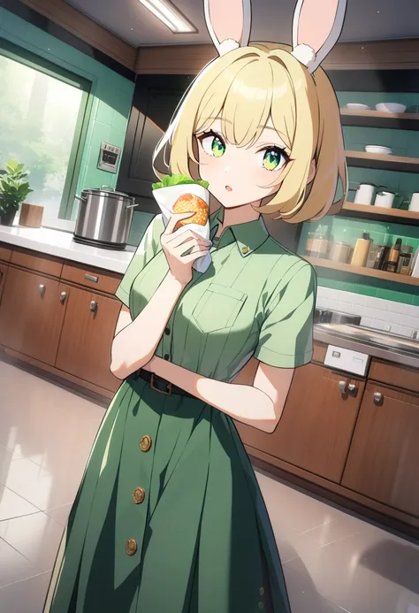 1girl, high quality, 8k, detailed, anime style, (rabbit girl:1.2), (tall figure:1.1), (medium breasts:1.2), (striking green eyes:1.3), (short blonde hair:1.2), casual, (rabbit ears:1.2), (kitchen room background:1.1), holding burrito,