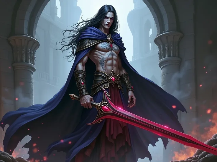 macho hexblade warlock,  pale skin elf with black hair and purple eyes,  character from Dungeons and Dragons , black and red sword  ,  tattoo of a scale with 2 weights 
