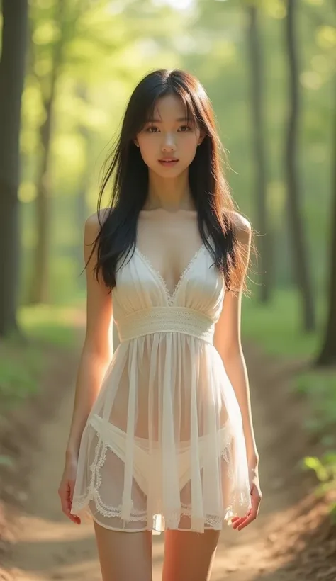 Photorealistic，Ultra high definition，Highest quality，Best Quality，8k，RAW Photos，Super detailed，Ultra-high resolution，(Amazingly cute Japanese real girl)，whole body，1 เด็กผู้หญิง，Facing forward，Early morning in the forest，Bright sunlight pours in，Backlight，...