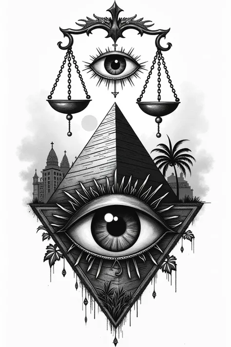  Create an image where a scale  ( The sign of Libra  ) Above a pyramid with one eye that sees everything and behind it has a back ground like from Arab countries Barcelona Ibiza and China This design should like black and white TATTOO 