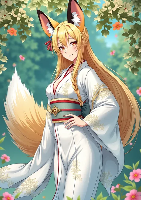 1 beautifull kitsune queen in a gorgeous 90s japaness kimono,blonde hairs, french braid, hair hide ear, hime cut, very long hair, heart-shaped pupils, animal ears, fox ears,"long orange fox ears with black tips", covering ears, kemonomimi mode,tail emanati...