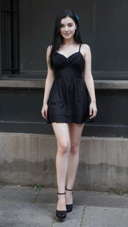 22 year old girl, face similar to Amy Lees, blue eyes, smile,  black hair ,  full body , short dress ,  hyperrealistic.