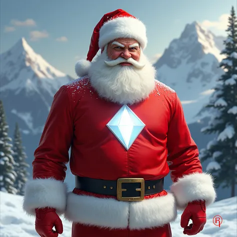  Santa Clauss wearing the red Mighty Morphin Power Ranger uniform, without the helmet, with a white diamond in the center of her chest 