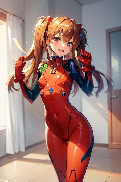 (( best quality)), ((masterpiece)), (be familiar with),  perfect face, indoor, bedroom,  viewer,
One woman,  Soryu Asuka Langley ,
 open mouth,  ecstatic expression with hands in front of body, blush, smile,
 small tits,  flat chested, Young girl, Lori,  s...