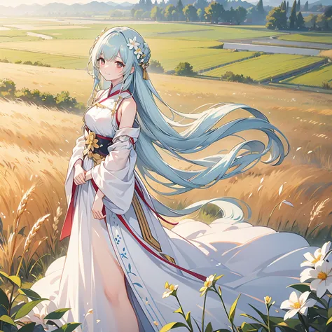   Masterpiece ,  best quality,  super high resolution,   Details illustration,  portrait,   Details, A girl standing in a wheat field, Alone,  long hair,  dress, flower, White Hanfu, smile, whole body, White Flower, Bare shoulders, very  long hair,  Aqua H...