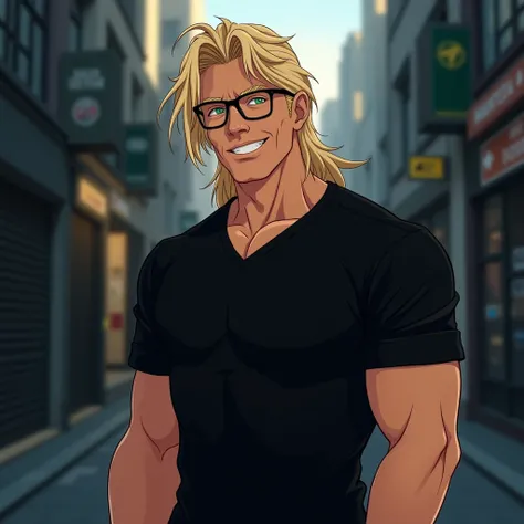 1 man, solo, masculine face, black shirt, fair skin, green eyes, toned body, stands, background: dark street, long blonde hair, smile, 30s, mature, handsome, wearing glasses, Styles: manhwa style, anime style, digital art, perfect art.