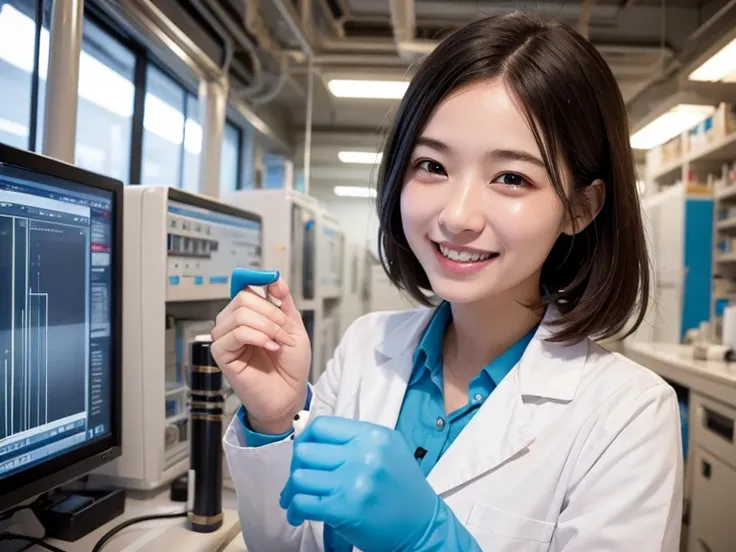 1girl, female scientisworking in a lab full of tubes, smiling heartily