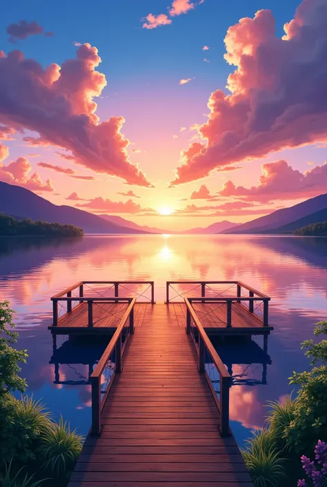 make a 4k anime wallpaper of a deck in the middle of the lake focusing on the sunset with very bright and vibrant colors