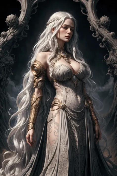 portrait, beautiful woman, white hair, ornate dress, (long hair in waves like smoke):0.85 , confident expression, detailed, 16k, sf, intricate artwork masterpiece, ominous, matte painting movie poster, golden ratio, trending on cgsociety, intricate, epic, ...