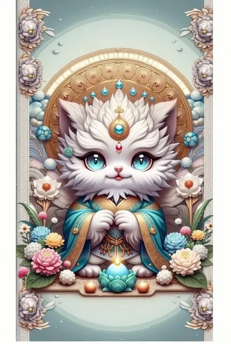 A divine and majestic anthropomorphic cat with white fur, dressed in ornate traditional Asian royal robes, featuring intricate golden embroidery and vibrant jewel accents. The cat is depicted in a serene pose, holding a glowing lotus flower. Surrounding it...