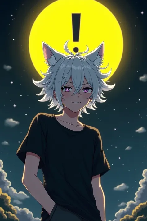 A male person animates white hair black shirt black shorts wolf ear night bright yellow moon with an exclamation symbol on the head 