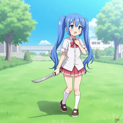 1 , a Yandere , a Yandere  segurando uma faca,  blue hair , blue hair,  2 ponytails , high resolution ,  Long hair,  anime style , anime, Ultra HD, Yandere, Jealous,  GentleExcited ,  determined, In a grassy spot a park
