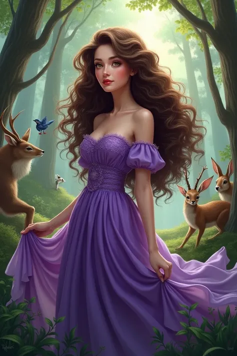 A young lady with long curly hair in a purple dress in the forest full of animals 