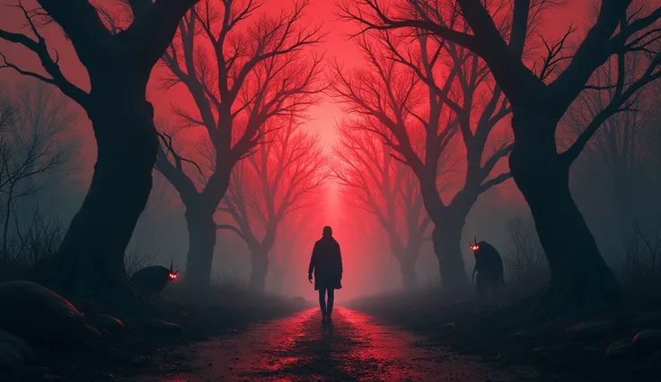 Best quality, highres, ultra-detailed, cinematic horror scene. Twisted, grotesque trees line a desolate road, their gnarled branches stretching unnaturally as if reaching out to ensnare the protagonist. Above, the sky glows an otherworldly deep red, pulsat...