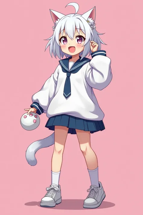 anime masterpiece,  a beautiful white-haired cat girl wearing a school dress with a big plush cats paw.  The girl has a loose shirt with a long loose tie ,  dropped shoulder shirts ,  and a cute mini skirt . 
 She has cute details of a Neko face , a roarin...