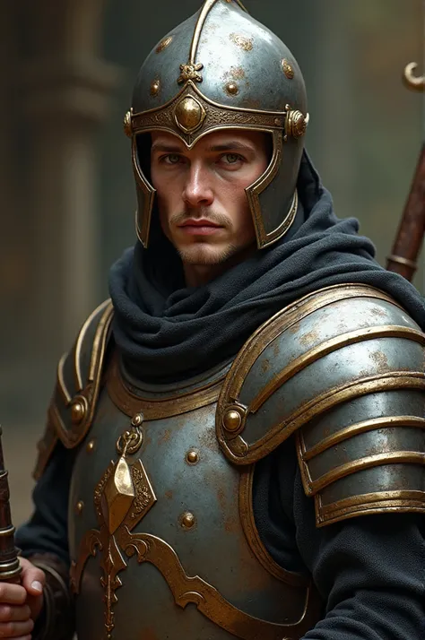  Medieval fantasy Young clergyman, shaved,  golden eyes ,  helmet with full armor, mace and shield , healer , cara gentil.

