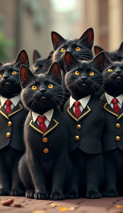 A group of black cats in school uniforms stand nearby, laughing at the scene. They look amused and unconcerned.